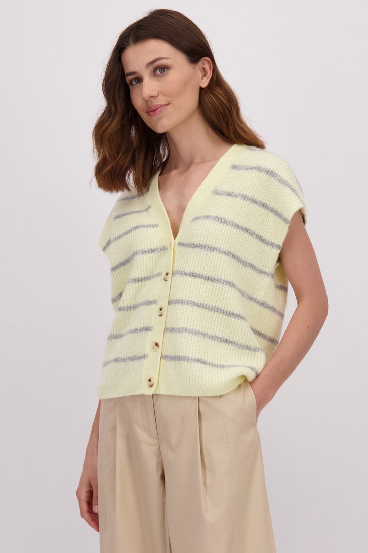 Voorkant van Mouwloze pastelgele cardigan met gestreept motief door LŌVING voor Dames