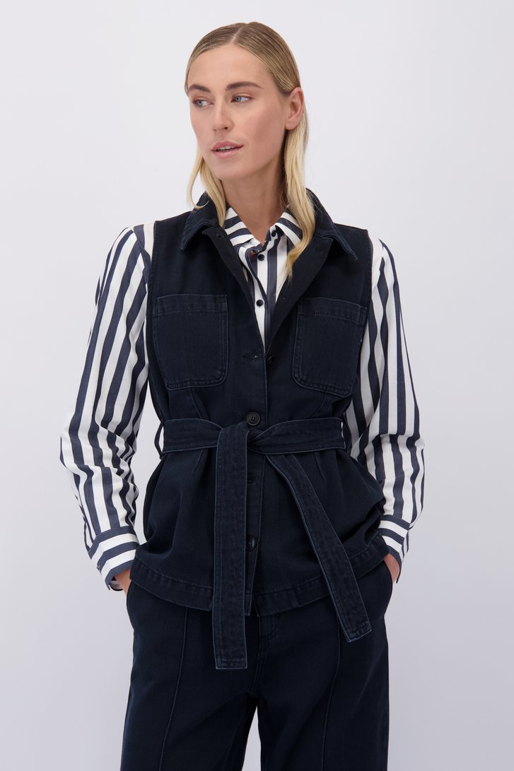 Voorkant van Mouwloze zwarte jeansvest met striklint door Liberty Island Denim voor Dames