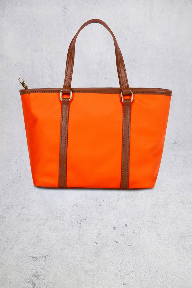 Achterkant van Oranje schoudertas met bruine leather look details door Laurent David voor Dames