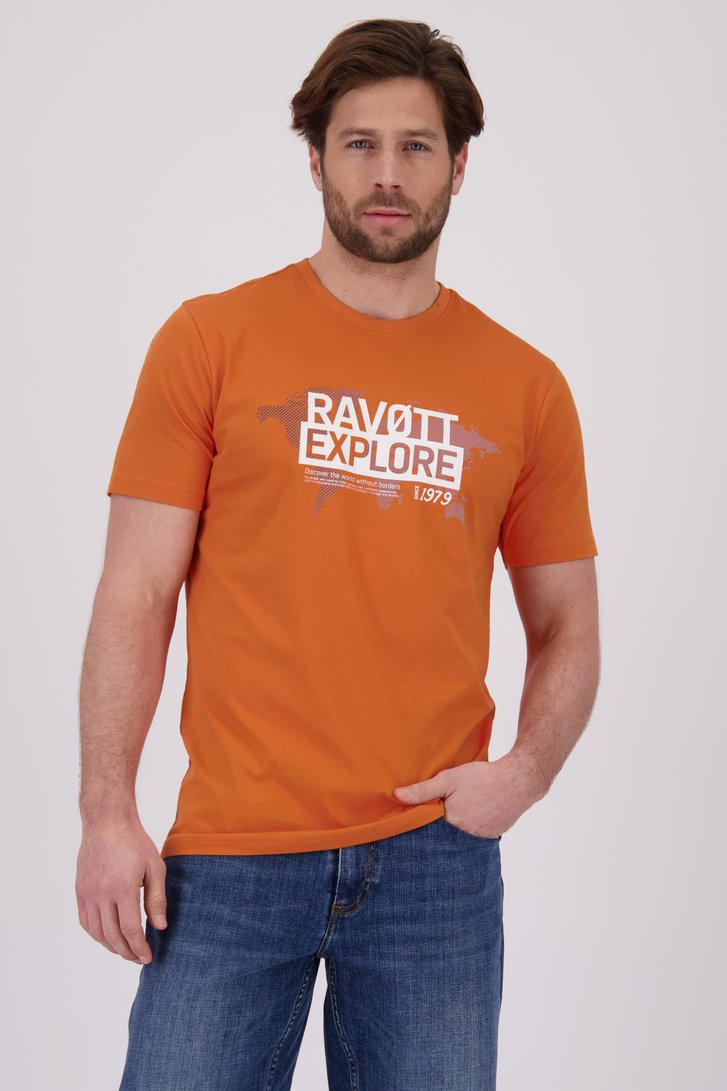 Voorkant van Oranje T-shirt met opdruk door Ravøtt voor Heren