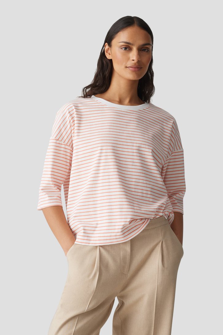 Oranje-wit gestreept T-shirt met 3/4-mouwen van Opus voor Dames