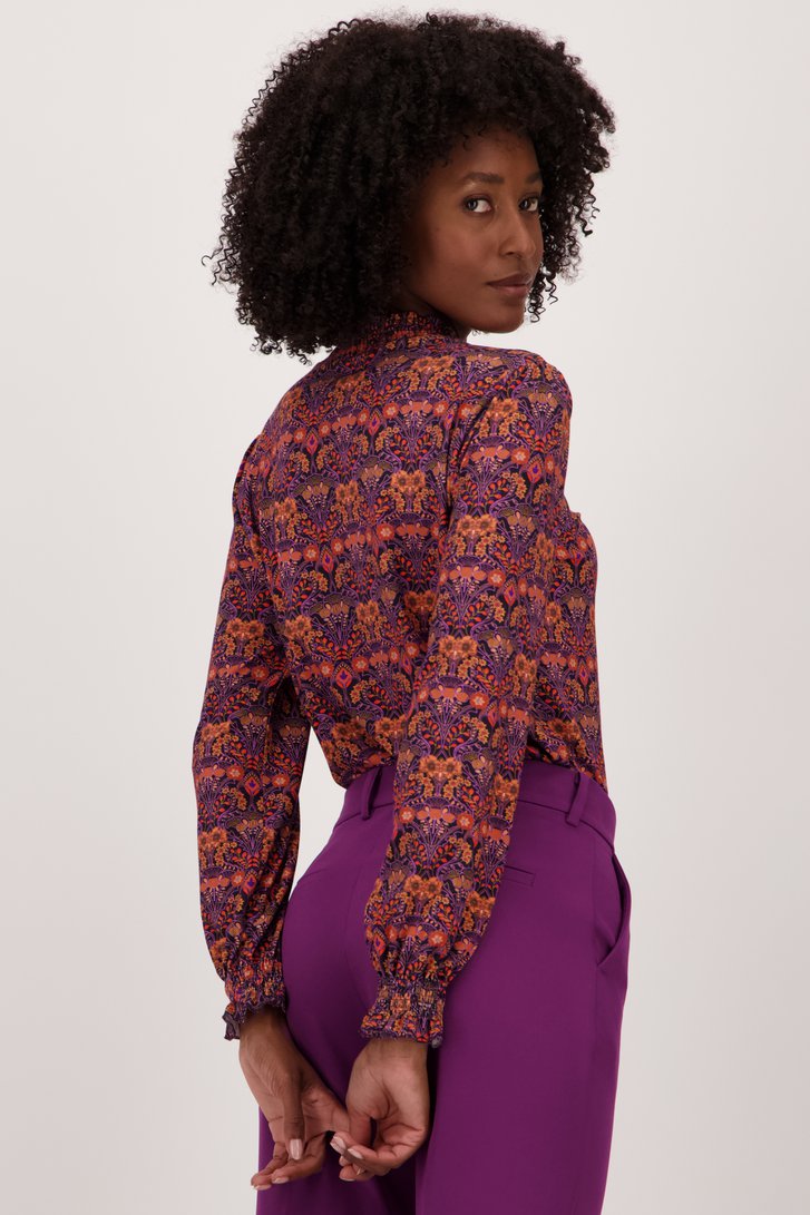Paars-oranje T-shirt met fijn gebloemd motief van Geisha voor Dames