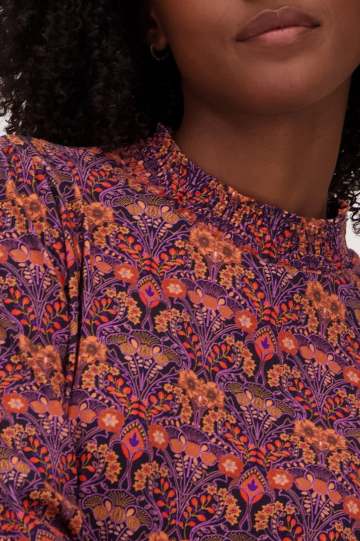Paars-oranje T-shirt met fijn gebloemd motief van Geisha voor Dames