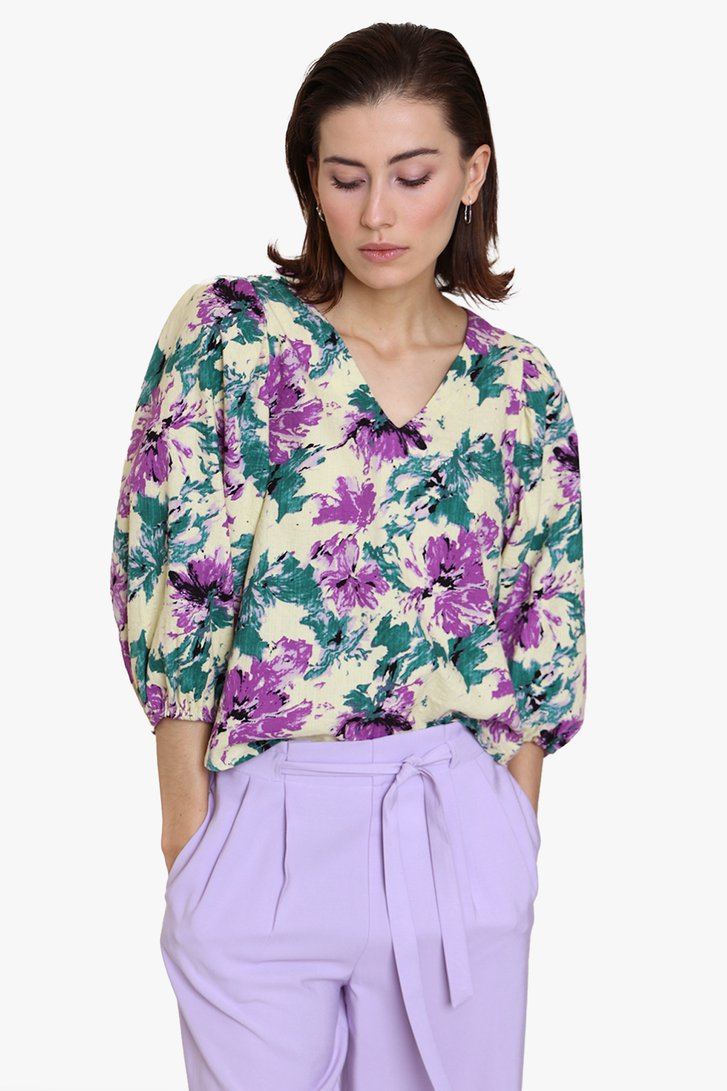 Pastelgele blouse met bloemenprint
