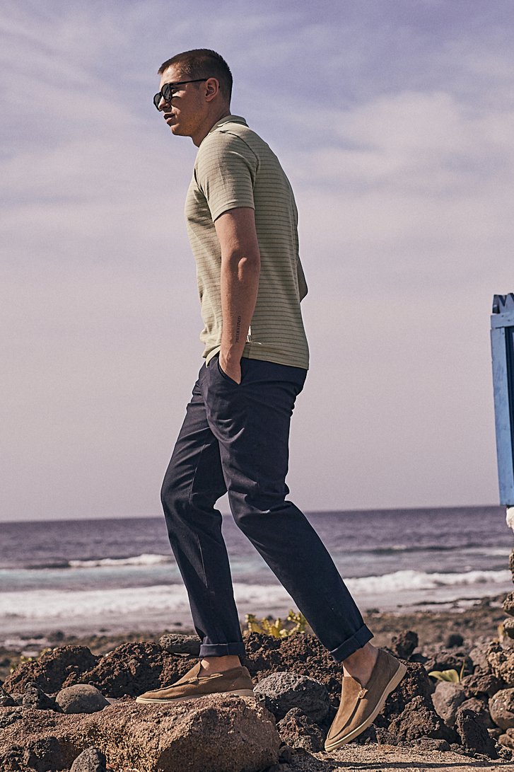 Polo beige à rayures bleues avec fermeture courte  de Casual Five pour Hommes