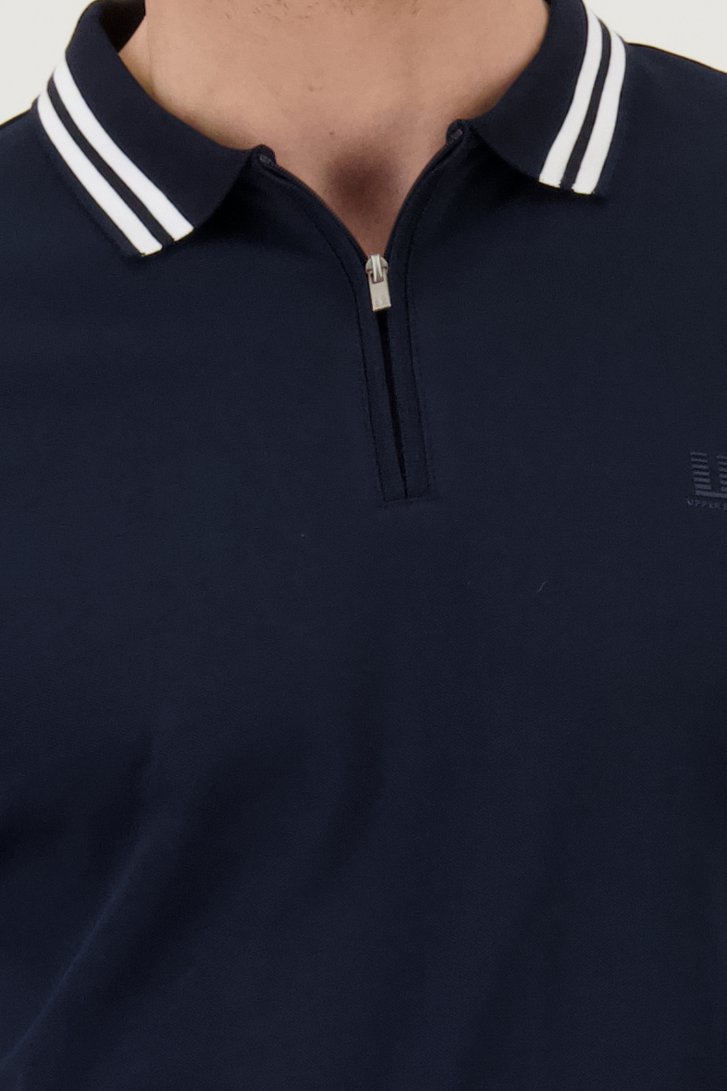Polo bleu à fermeture éclair et rayures blanches de Upper East pour Hommes