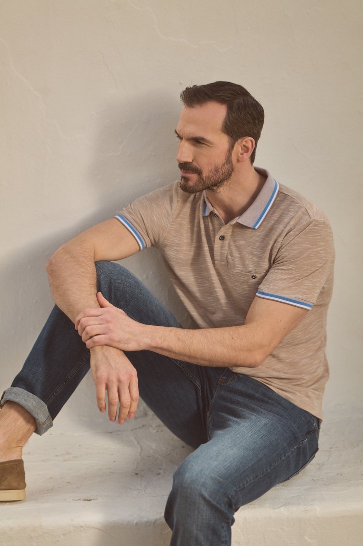 Polo marron clair avec bande bleue au col de Dansaert Blue pour Hommes