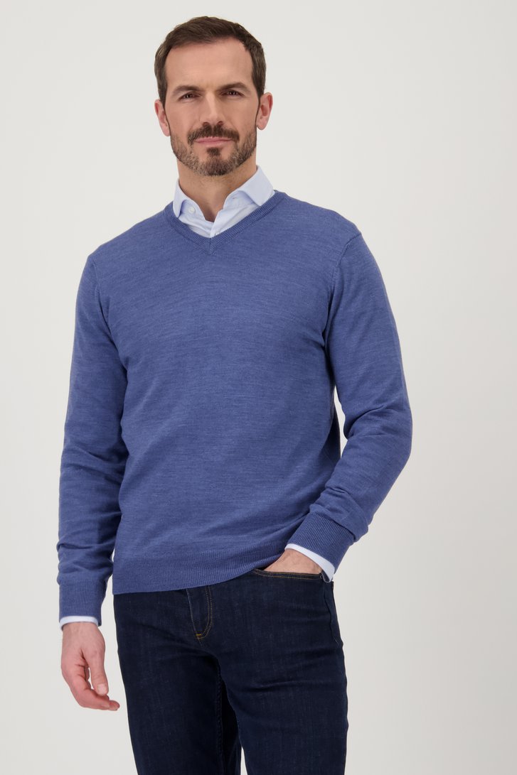 Pull bleu avec col en V et laine de DANPR pour Hommes