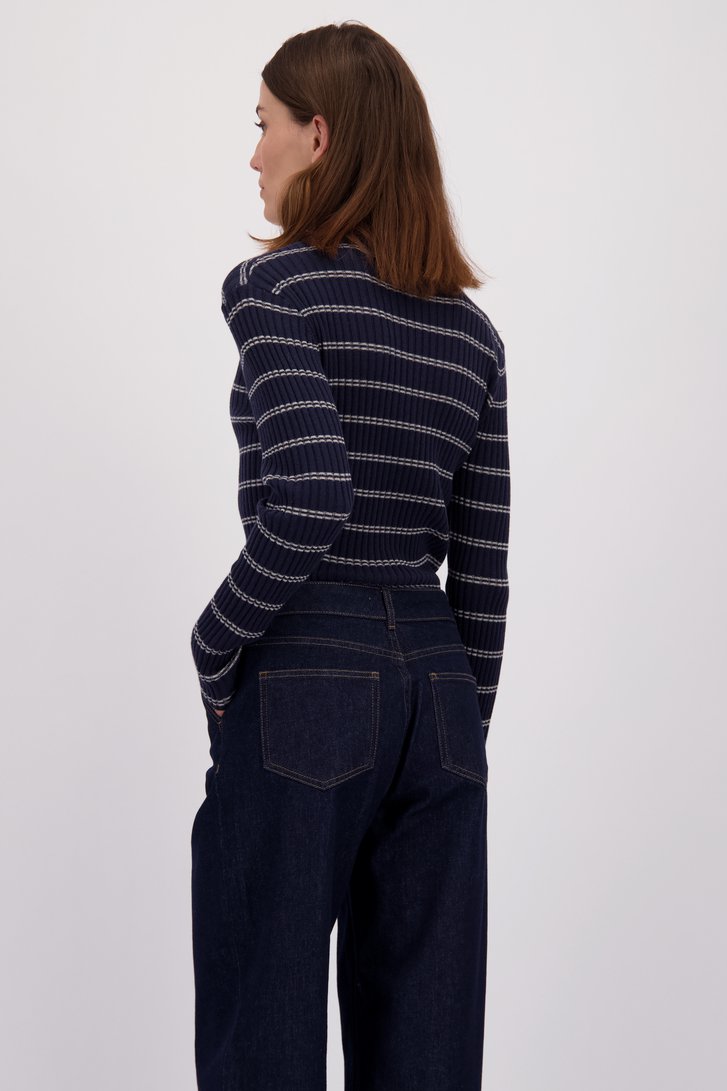 Le dos de Pull bleu côtelé à motif rayé blanc de LŌVING pour Femmes