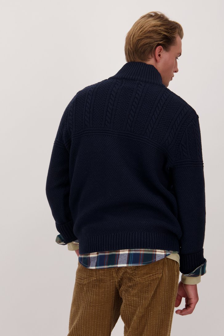 Pull bleu foncé à fermeture éclair courte de Ravøtt pour Hommes