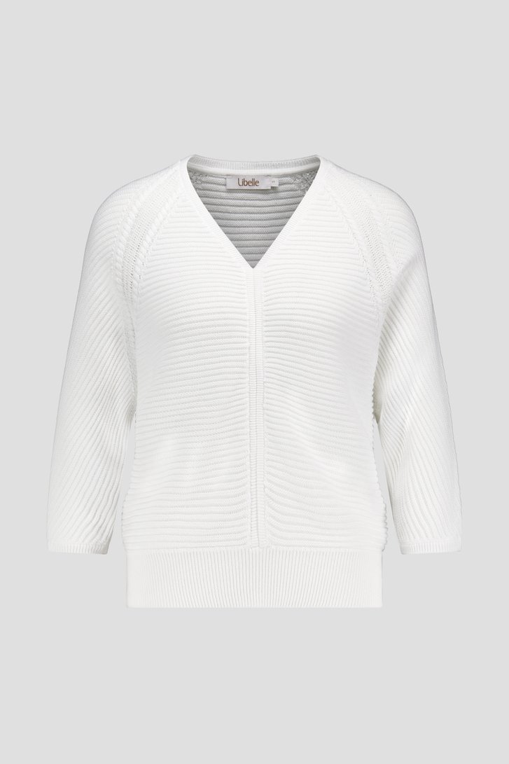 Pull côtelé blanc avec col en V de Libelle pour Femmes