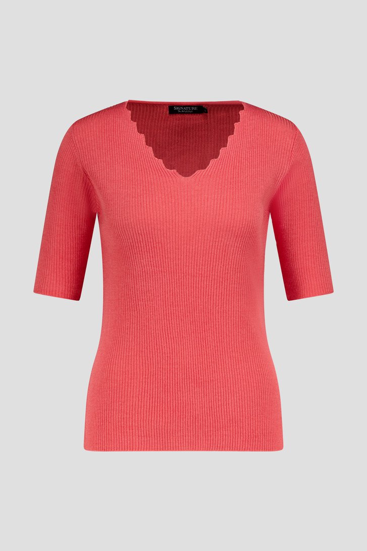 Pull côtelé orange avec col en V  de Signature pour Femmes