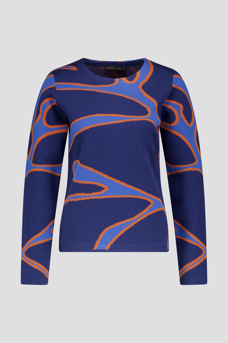Pull fin bleu avec motif orange de Claude Arielle pour Femmes