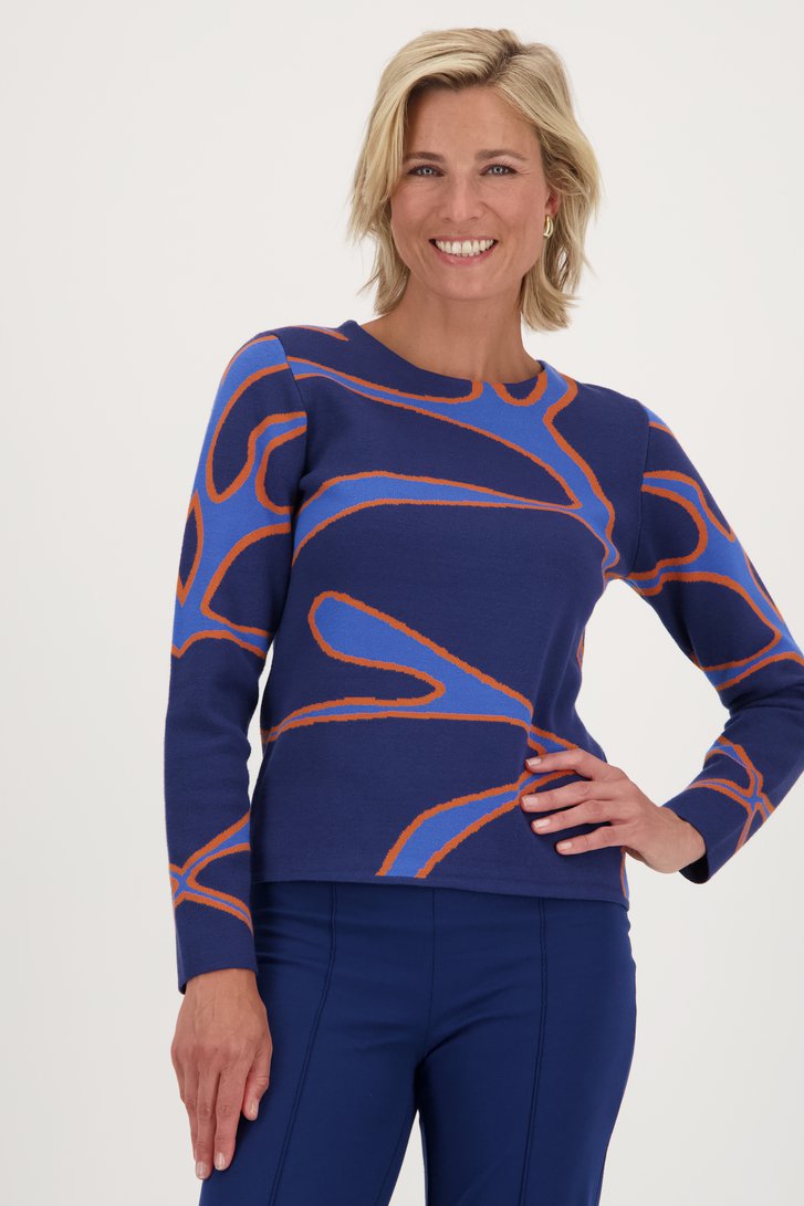 Pull fin bleu avec motif orange de Claude Arielle pour Femmes