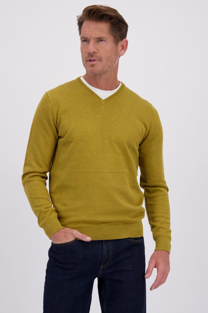 Le devant de Pull fin ocre jaune à col en V de Dansaert Blue pour Hommes