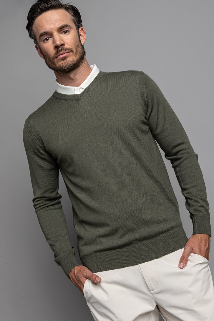 Détail de Pull finement tricoté vert avec col en V de Dansaert Golf Club pour Hommes