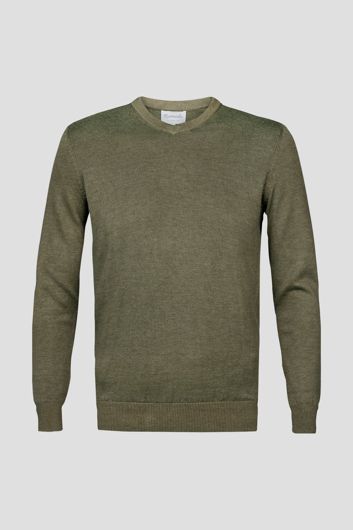 Pull kaki fin avec col en V de Michaelis pour Hommes