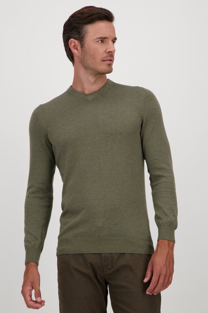Pull kaki fin avec col en V de Michaelis pour Hommes