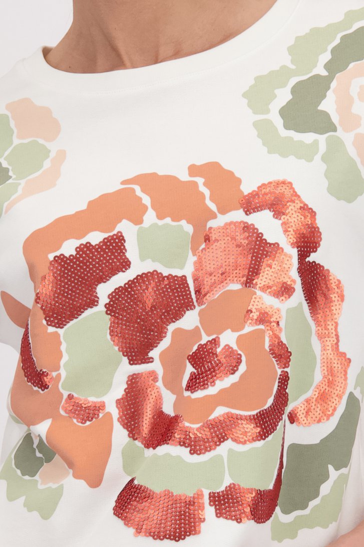 Pull-over écru avec fleur pailletée rose kaki de More & More pour Femmes