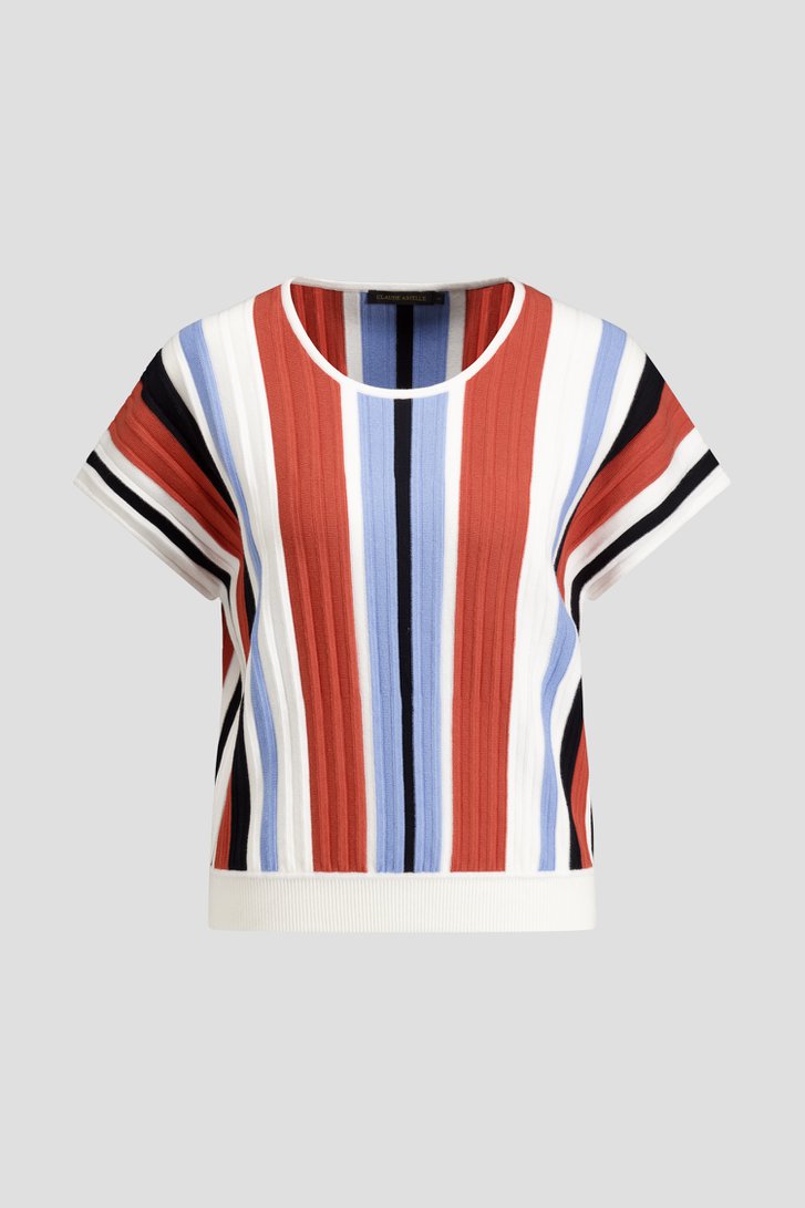 Photo produit 1 de Pull rayé orange et bleu à manches courtes de Claude Arielle pour Femmes