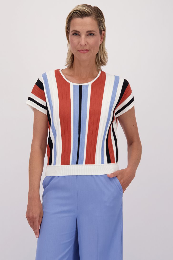 Le devant de Pull rayé orange et bleu à manches courtes de Claude Arielle pour Femmes