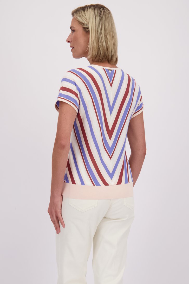 Le dos de Pull rose à manches courtes à col en V à rayures de Claude Arielle pour Femmes