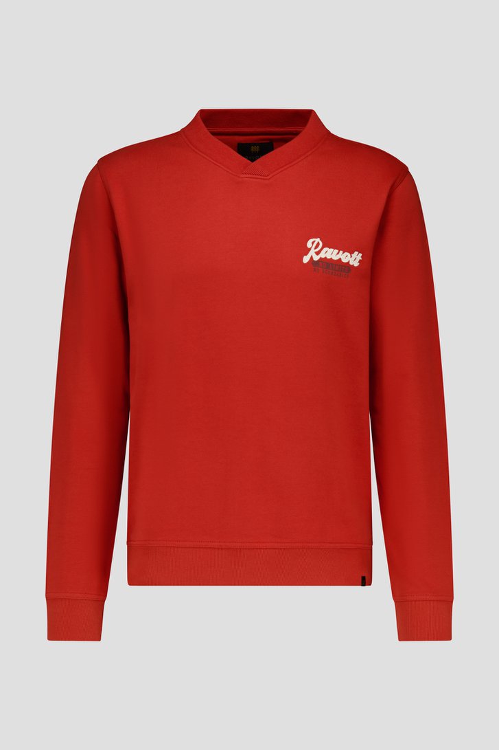 Pull rouge avec col en V  de Ravøtt pour Hommes