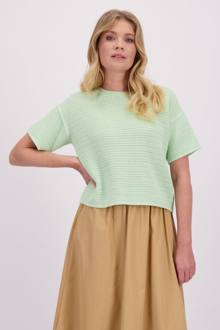 Le devant de Pull vert menthe au crochet de Libelle pour Femmes