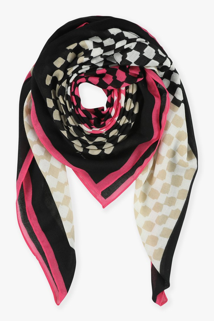 Sjaal met print in roze, zwart, beige en wit | 9576627 | e5