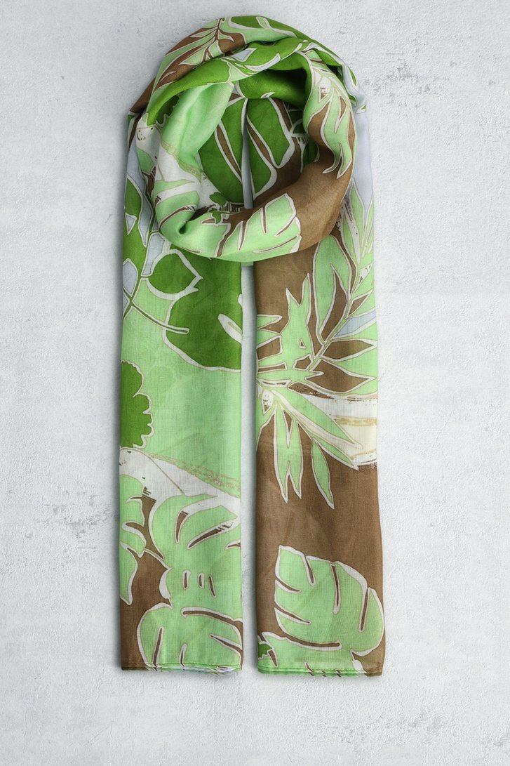 Voorkant van Sjaaltje met groen-bruine bladerprint door Libelle voor Dames
