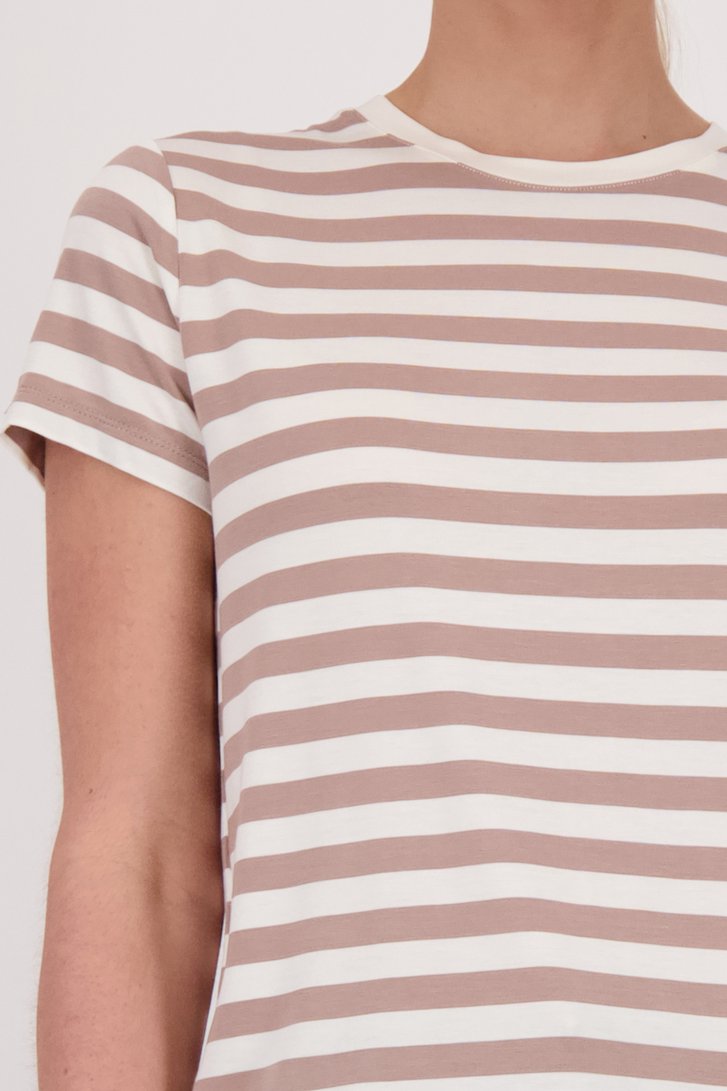 T-shirt blanc à rayures beiges de Liberty Island pour Femmes