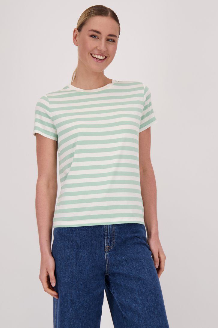 T-shirt blanc à rayures vertes de Liberty Island pour Femmes