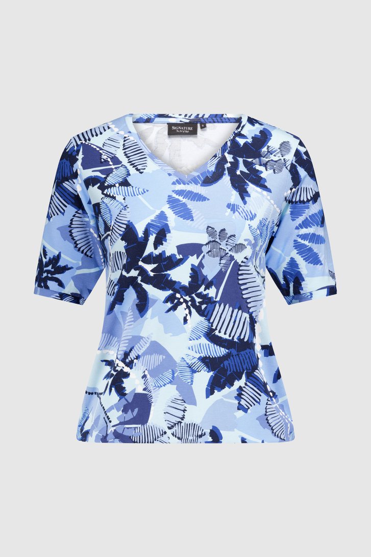 T-shirt bleu clair avec imprimé de feuilles bleues de Signature pour Femmes