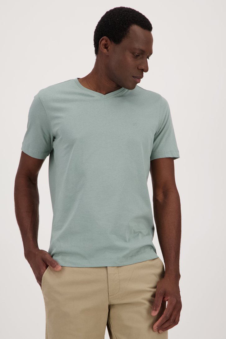 T-shirt gris-vert à col en V de Liberty Island pour Hommes