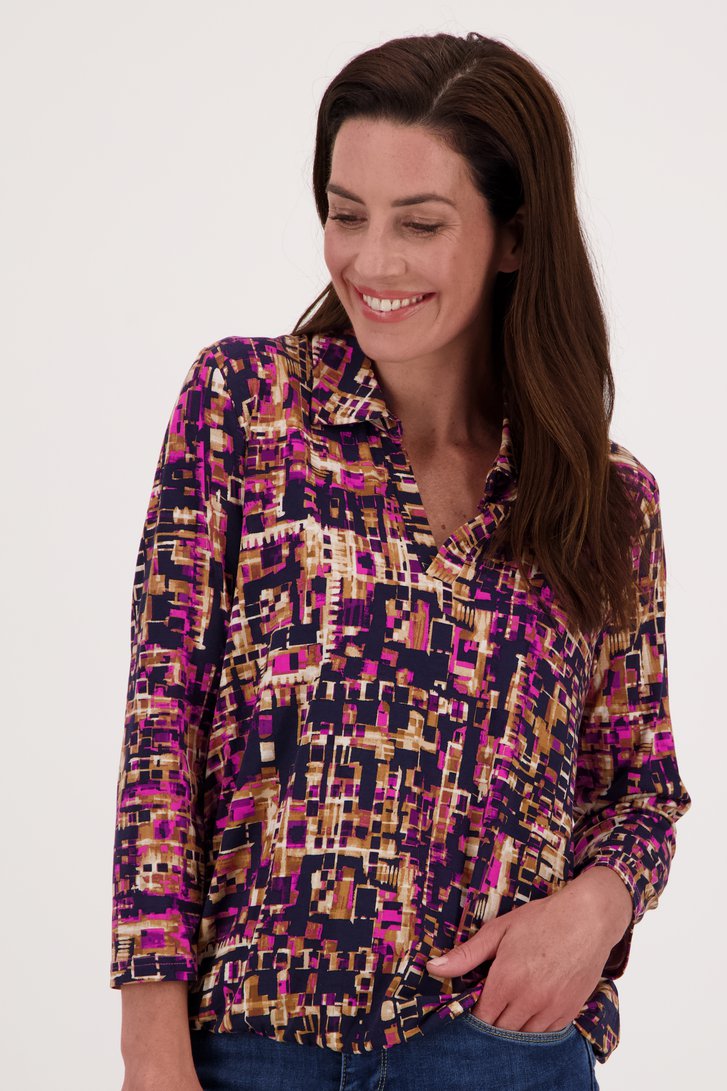 T-shirt marine à imprimé violet-beige de Signature pour Femmes