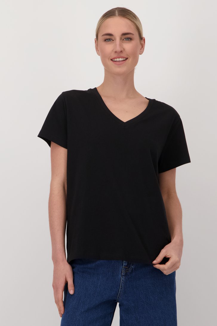 T-shirt noir avec col en V de Liberty Island pour Femmes