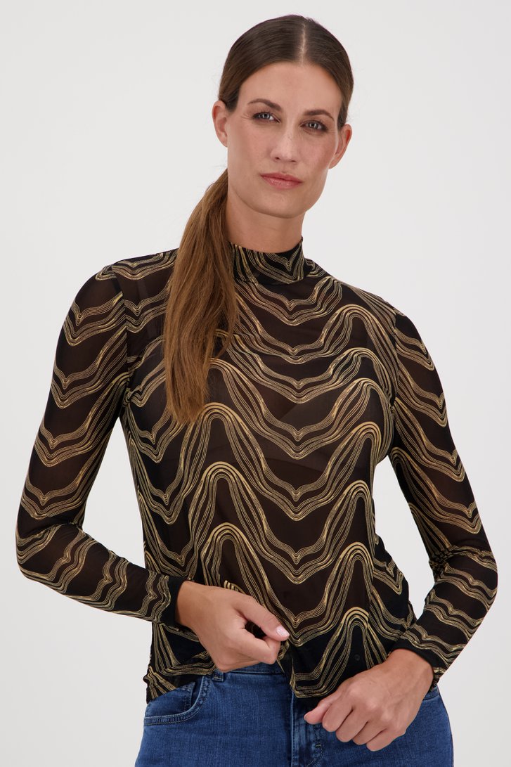 T-shirt noir fin à motif beige	 de Geisha pour Femmes