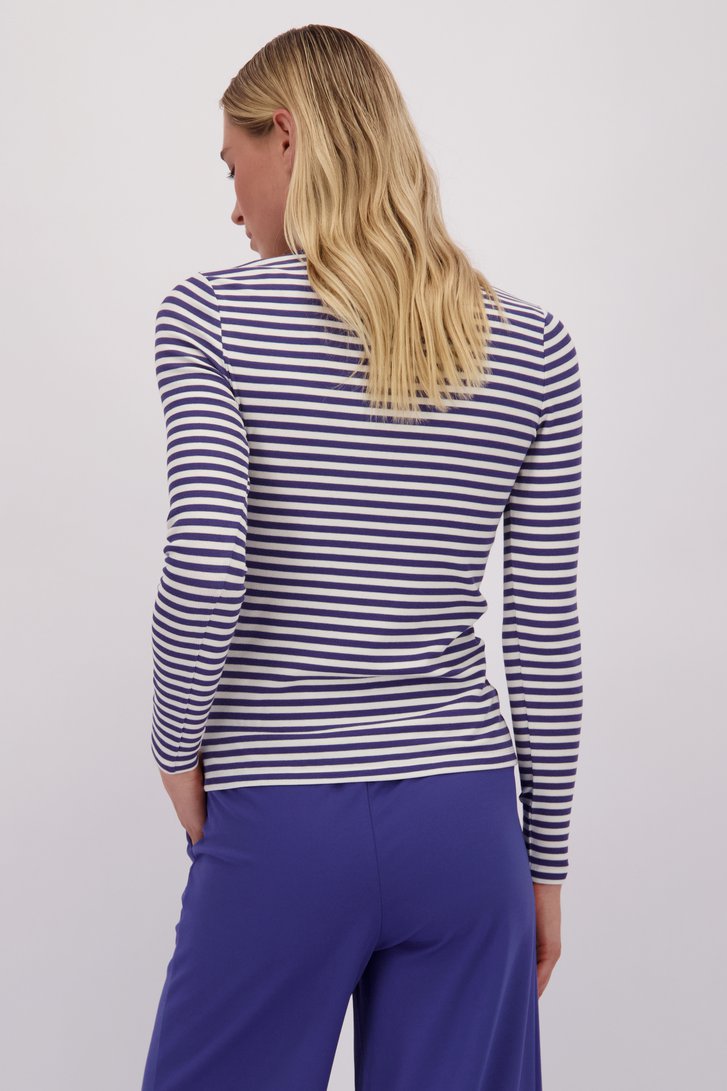 Le dos de T-shirt rayé blanc et bleu à manches longues de Liberty Island pour Femmes