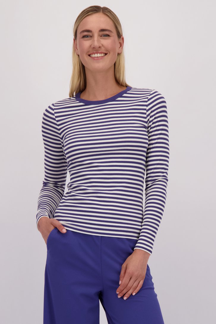 Le devant de T-shirt rayé blanc et bleu à manches longues de Liberty Island pour Femmes