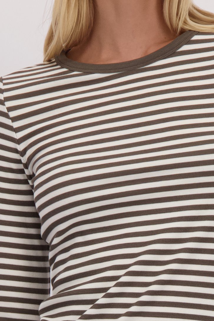 Détail de T-shirt rayé blanc et vert foncé à manches longues de Liberty Island pour Femmes