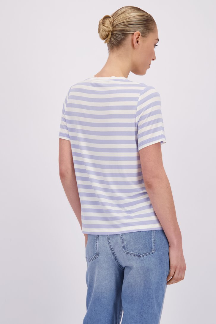 Le dos de T-shirt rayé bleu et blanc avec col en V de Liberty Island pour Femmes