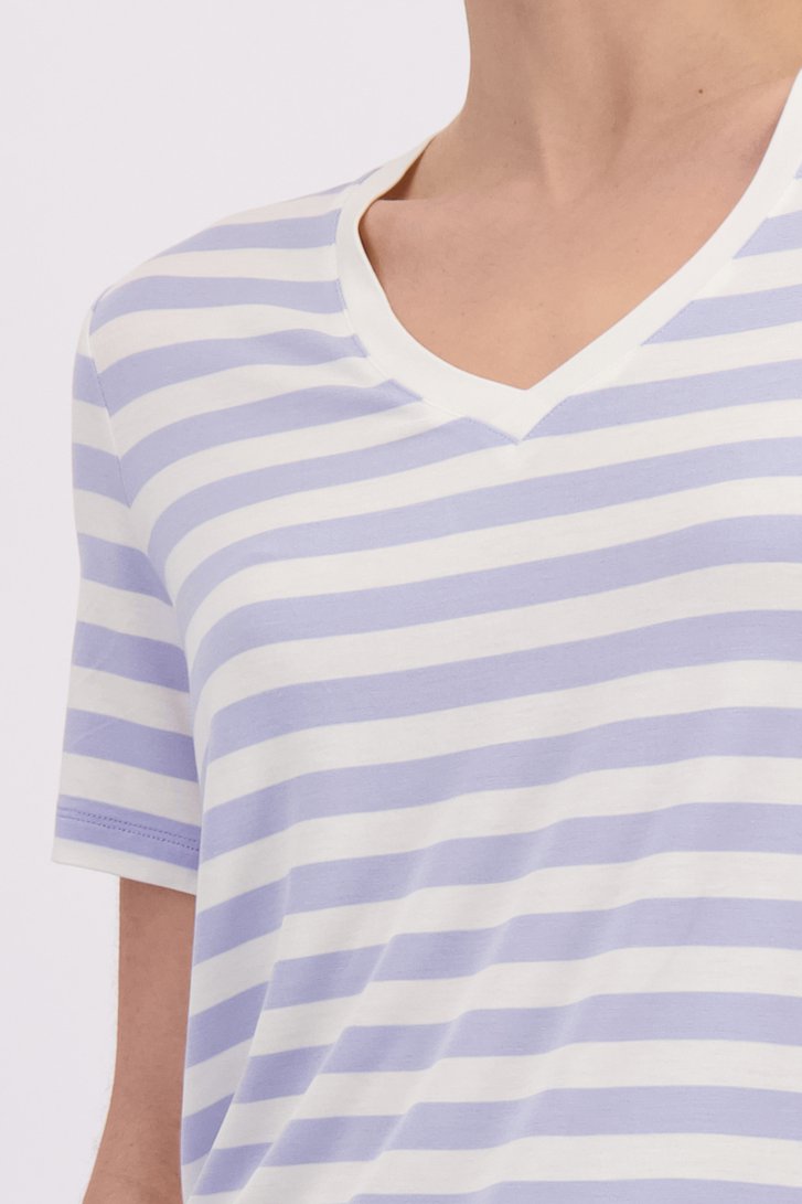 Détail de T-shirt rayé bleu et blanc avec col en V de Liberty Island pour Femmes
