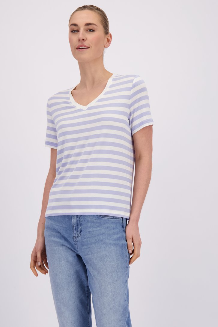 Le devant de T-shirt rayé bleu et blanc avec col en V de Liberty Island pour Femmes