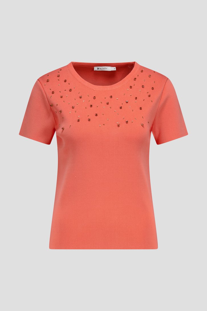 T-shirt rose corail côtelé avec strass de D'Auvry pour Femmes
