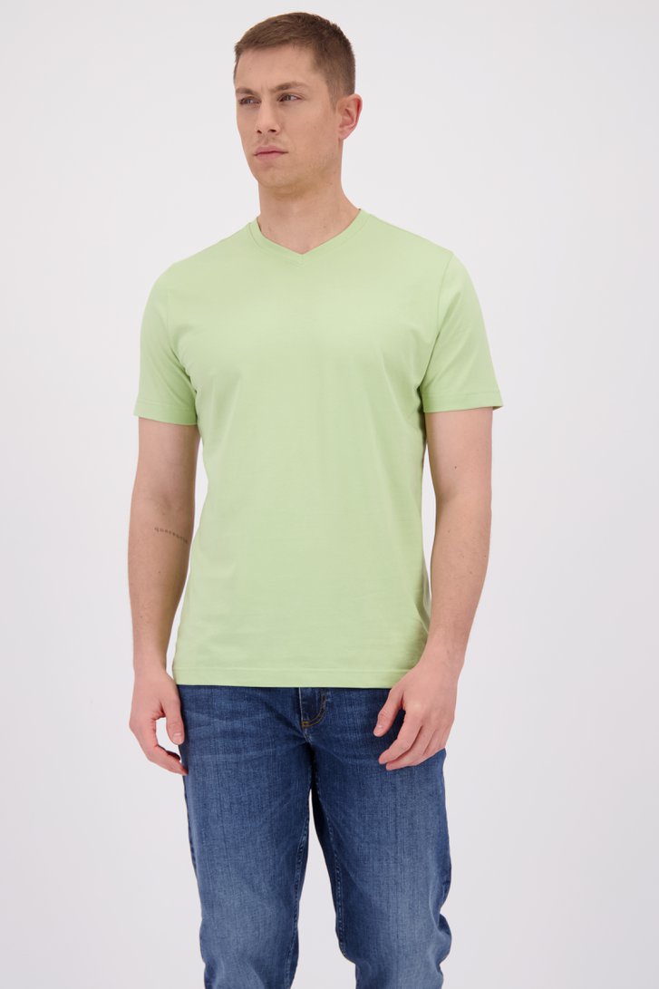 Le devant de T-shirt vert en coton à col en V de Liberty Island pour Hommes