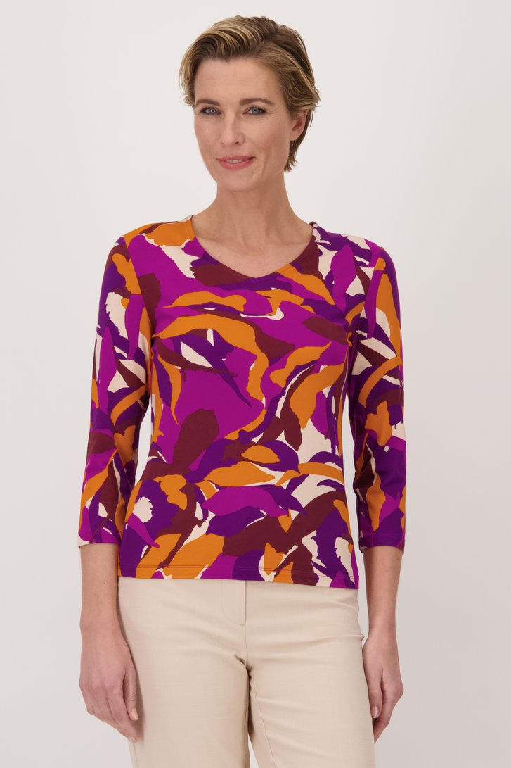 T-shirt violet-orange avec col en V de Claude Arielle pour Femmes