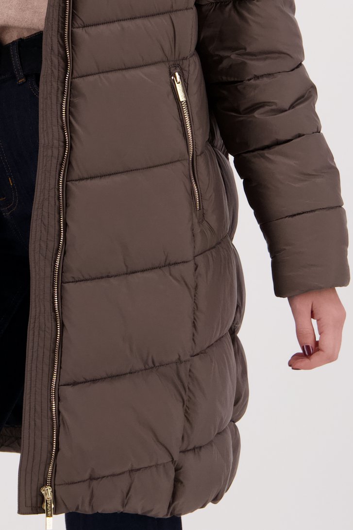 Taupekleurige gewatteerde winterjas met kap van D'Auvry voor Dames