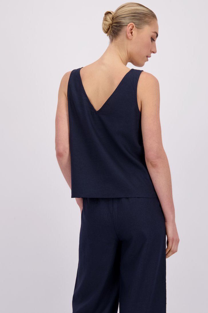 Le dos de Top bleu marine en lin à double encolure en V de Liberty Island pour Femmes
