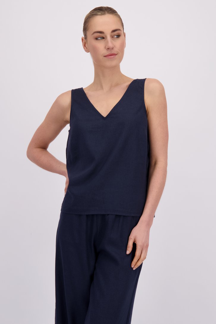 Le devant de Top bleu marine en lin à double encolure en V de Liberty Island pour Femmes