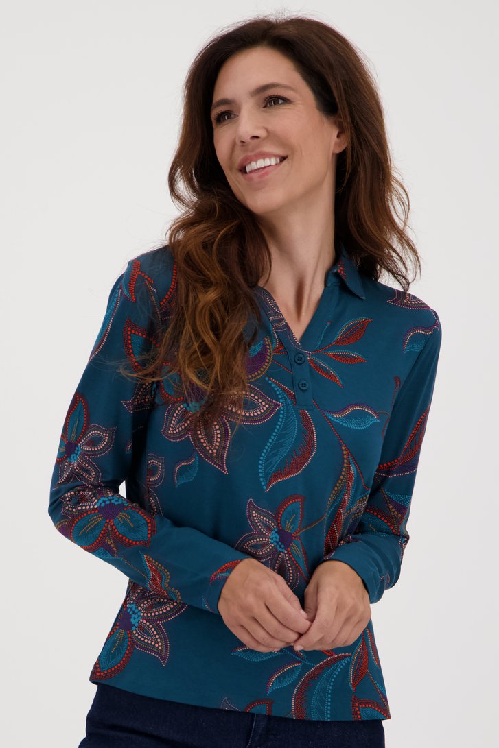 Turquoise polo met gestipte bloemenprint van Claude Arielle voor Dames